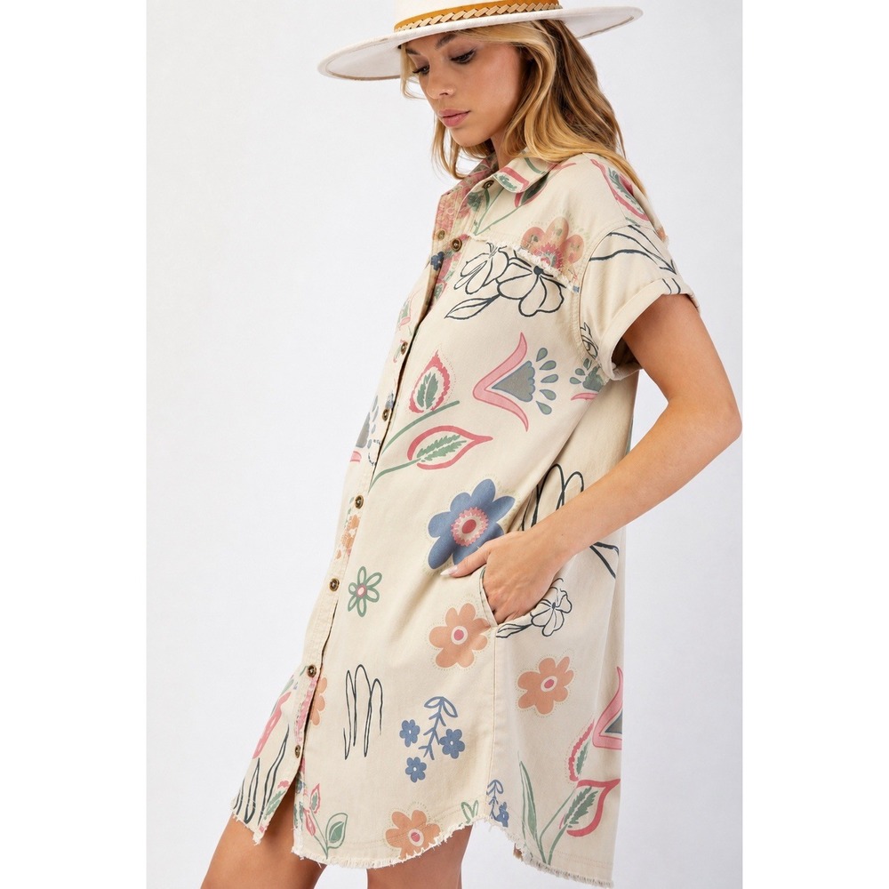 Easel Western Floral Shirt Dress Boho Folk Art Raw Hem Oversized M